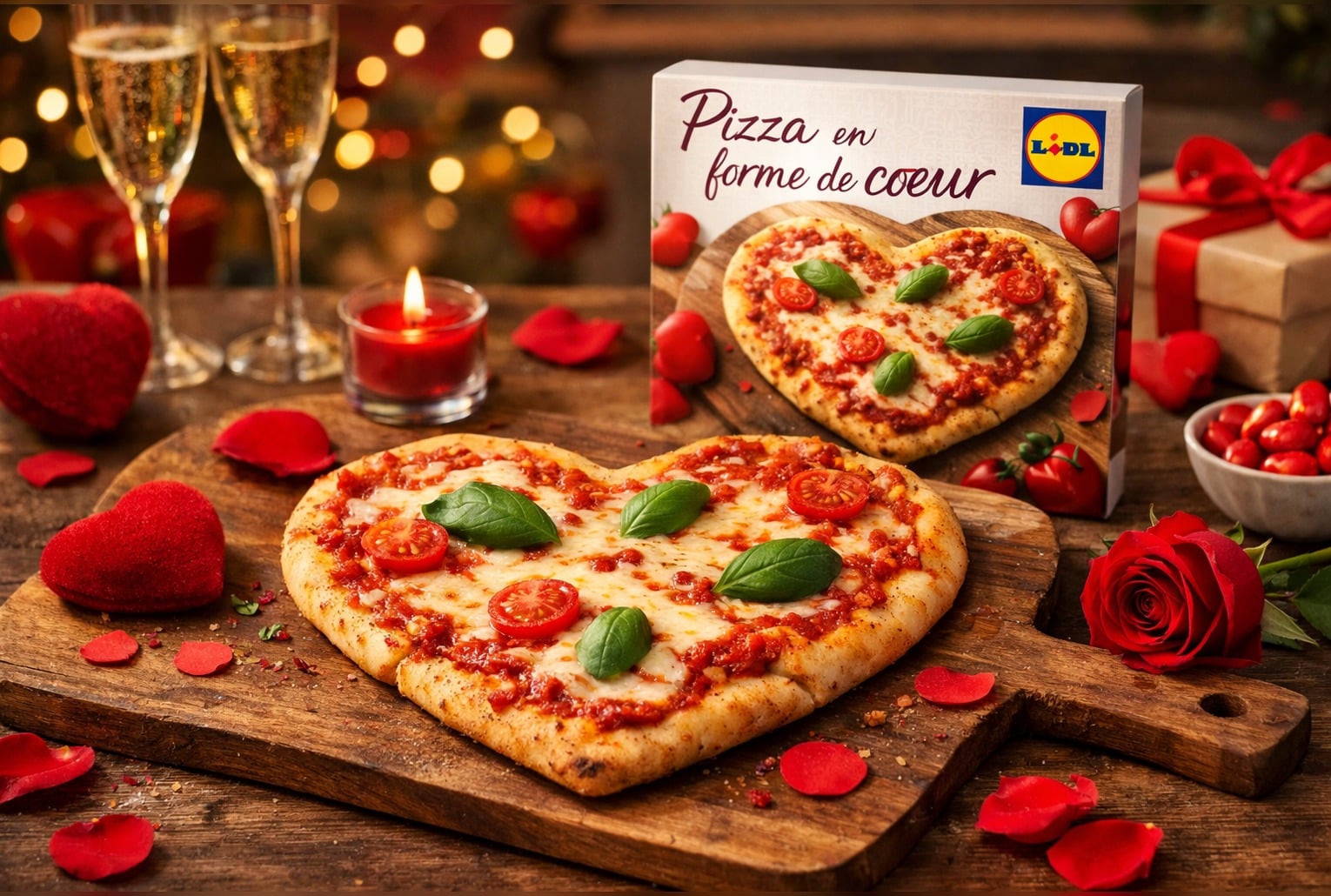 Pizza en forme de cœur pour la Saint-Valentin, avec emballage affichant le logo Lidl, sur une table décorée de pétales et bougies.