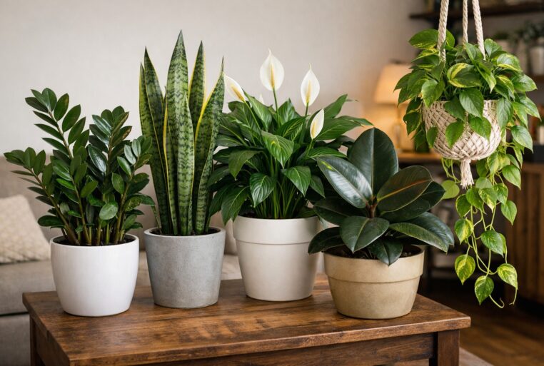 Plantes d’intérieur résistantes en janvier : zamioculcas, sansevieria, spathiphyllum, ficus elastica et pothos dans un salon