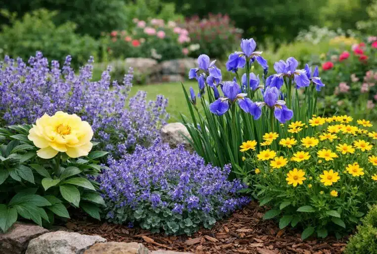 Massif de plantes vivaces sans entretien avec pivoine, iris de Sibérie, népéta et coreopsis en fleurs.