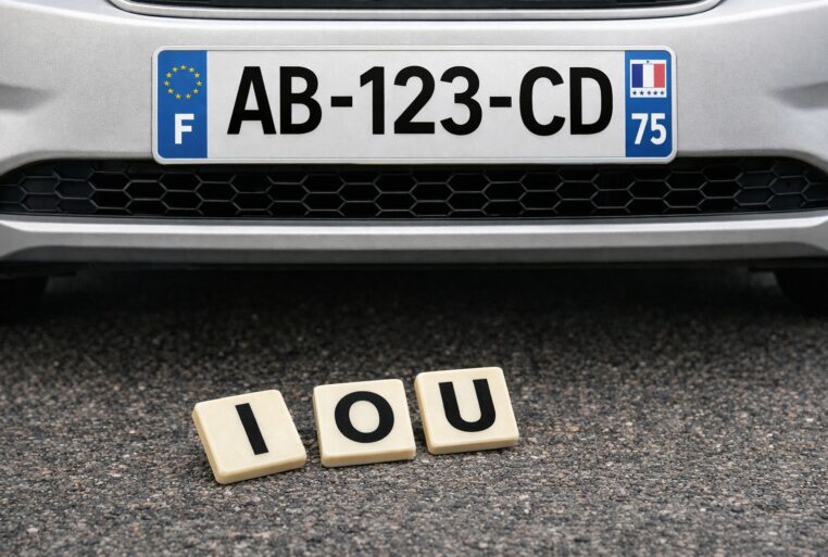 Plaque d’immatriculation française sur une voiture, avec les lettres I, O et U posées au sol comme si elles étaient tombées.