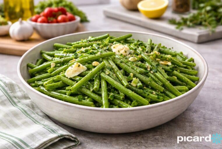 Plat de haricots verts assaisonnés dans un grand bol, avec un logo Picard en bas à droite.