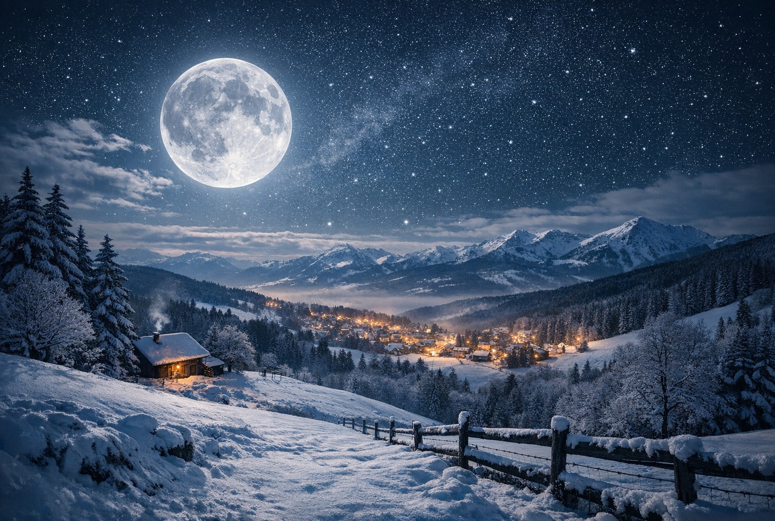 Pleine Lune des Neiges au-dessus d’un village enneigé en France, sous un ciel étoilé.