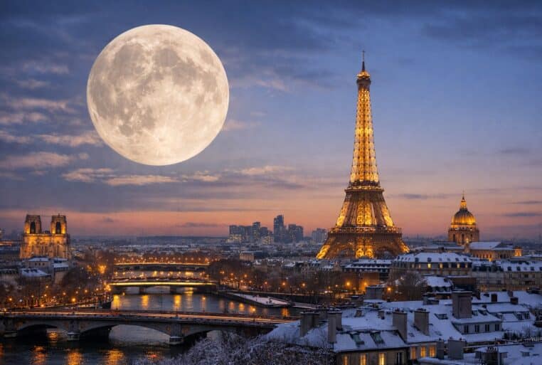 Pleine Lune février 2026 au-dessus de Paris, la Tour Eiffel illuminée et la Seine reflétant les lumières d’hiver.