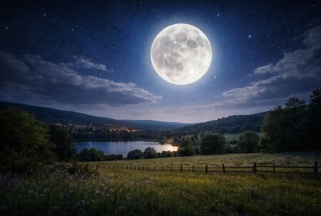 Pleine lune lumineuse au-dessus d’une campagne paisible, ciel étoilé et lac au crépuscule.