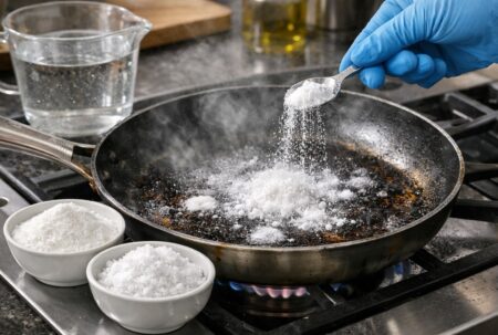 Nettoyer une poêle brûlée avec bicarbonate et percarbonate de soude, sans frotter