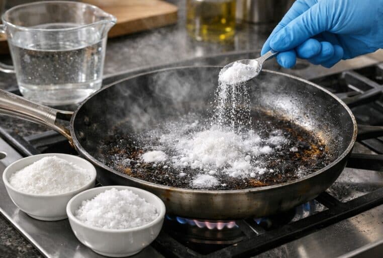 Nettoyer une poêle brûlée avec bicarbonate et percarbonate de soude, sans frotter