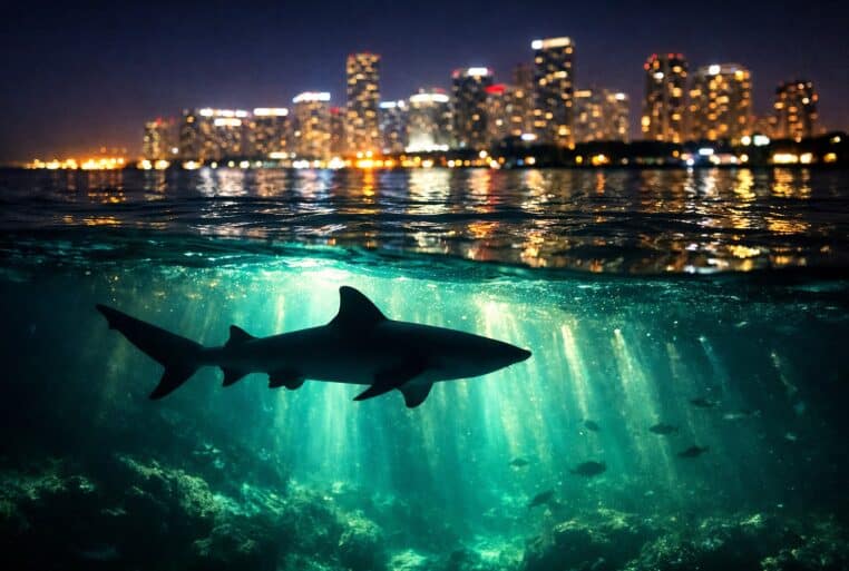 Pollution lumineuse : silhouette d’un requin sous une mer éclairée par les lumières urbaines nocturnes.