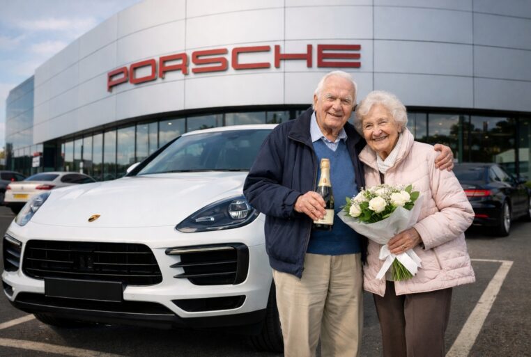 Couple de plus de 90 ans posant devant une Porsche Macan devant une concession, pour célébrer 70 ans de mariage.