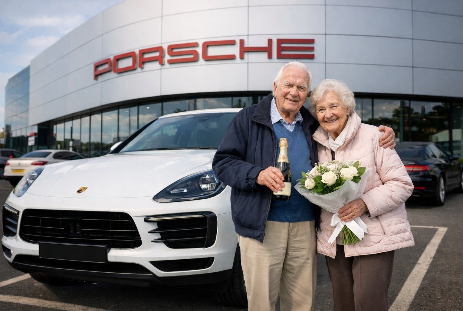 Couple de plus de 90 ans posant devant une Porsche Macan devant une concession, pour célébrer 70 ans de mariage.