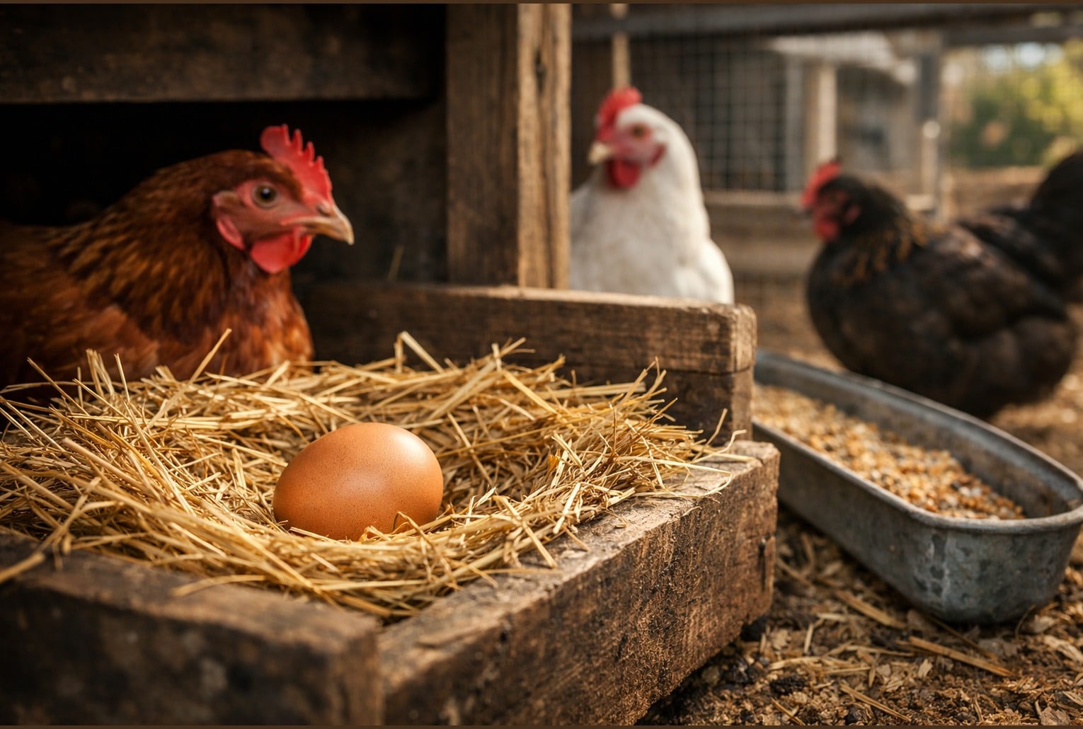 Poules dans un poulailler, un œuf dans le pondoir — quand la mangeoire est pleine mais la ponte ne repart pas en février.