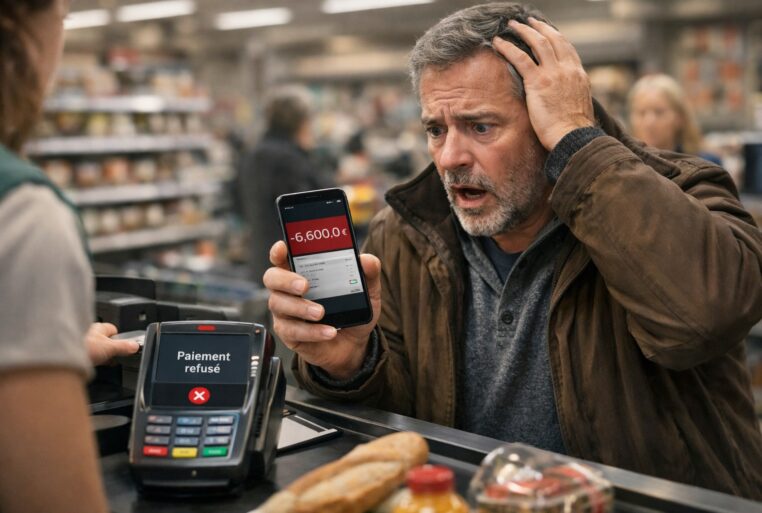 Client choqué à la caisse après des prélèvements multiples, solde bancaire négatif affiché sur son smartphone.