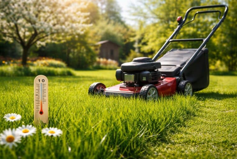 Première tonte de la pelouse : tondeuse posée sur un gazon printanier, thermomètre à 10 °C et pâquerettes