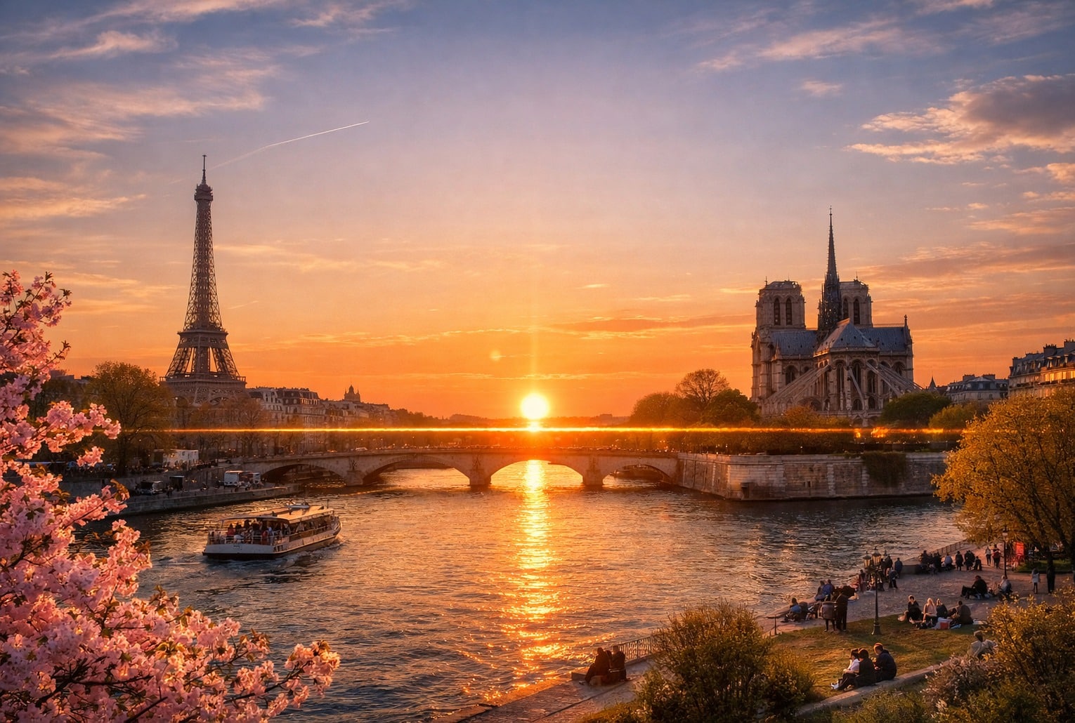 Date du printemps 2026 : coucher de soleil sur Paris à l’équinoxe, Seine, Tour Eiffel et Notre-Dame, arbres en fleurs.