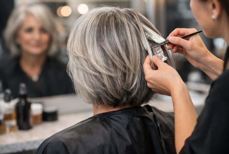Technique “Quiet Silver” en salon : une coiffeuse pose des mèches argentées sur une chevelure grise pour une transition douce.