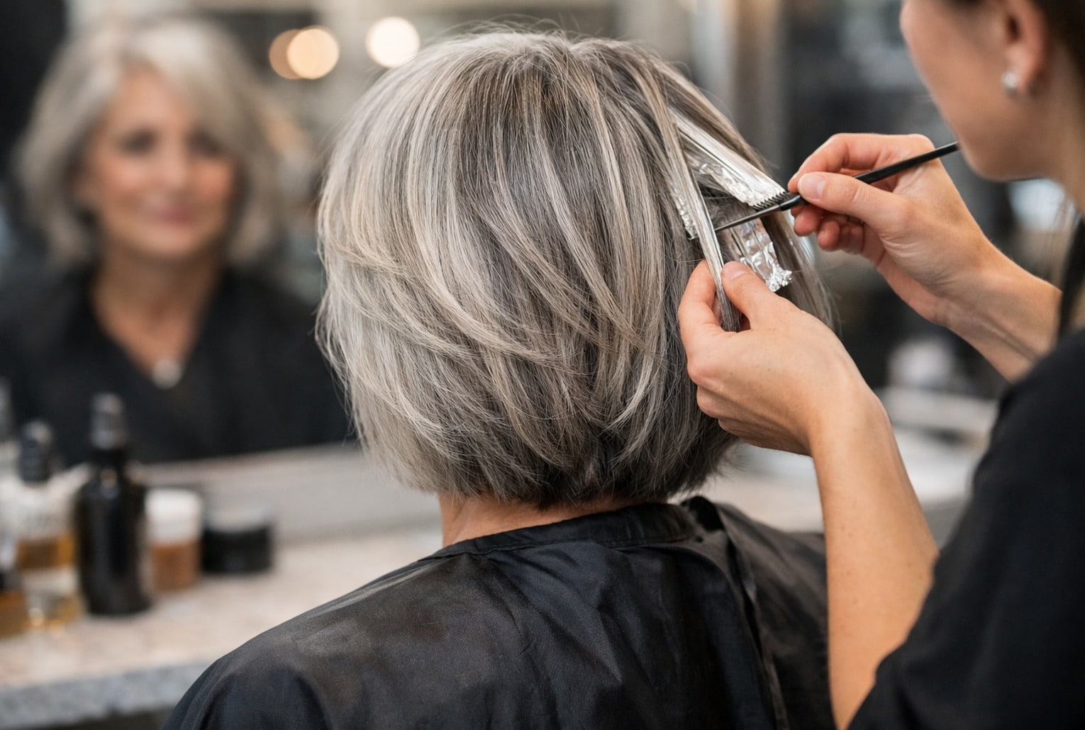 Technique “Quiet Silver” en salon : une coiffeuse pose des mèches argentées sur une chevelure grise pour une transition douce.