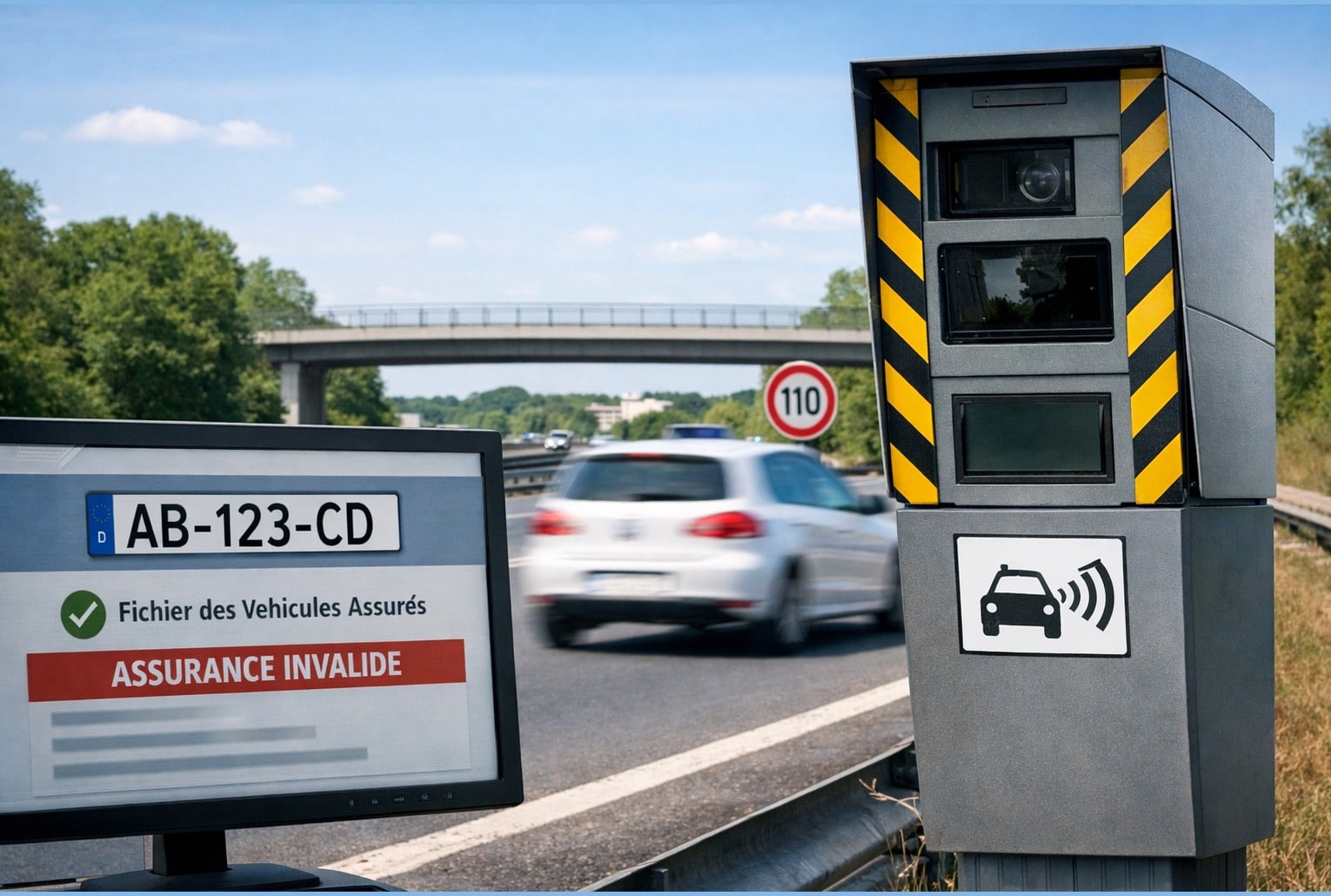 Radars automatiques assurance : un radar fixe sur autoroute et un écran indiquant « assurance invalide » après le flash d’un véhicule.