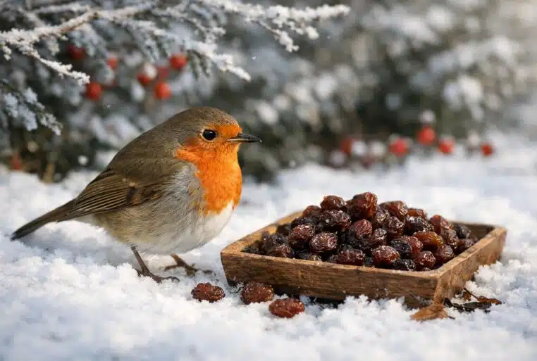 Rouge-gorge dans la neige près d’un petit plateau de raisins secs réhydratés au jardin