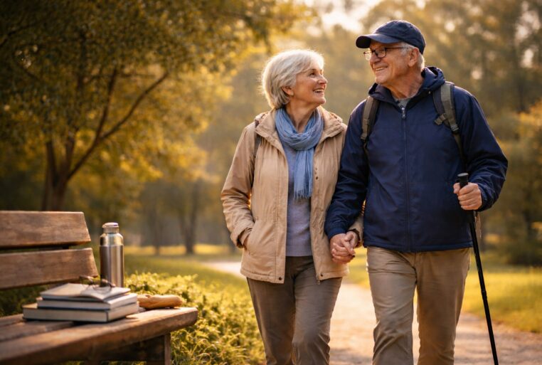Couple de seniors marchant main dans la main sur un chemin de parc, en fin de journée, avec un banc et des livres au premier plan.