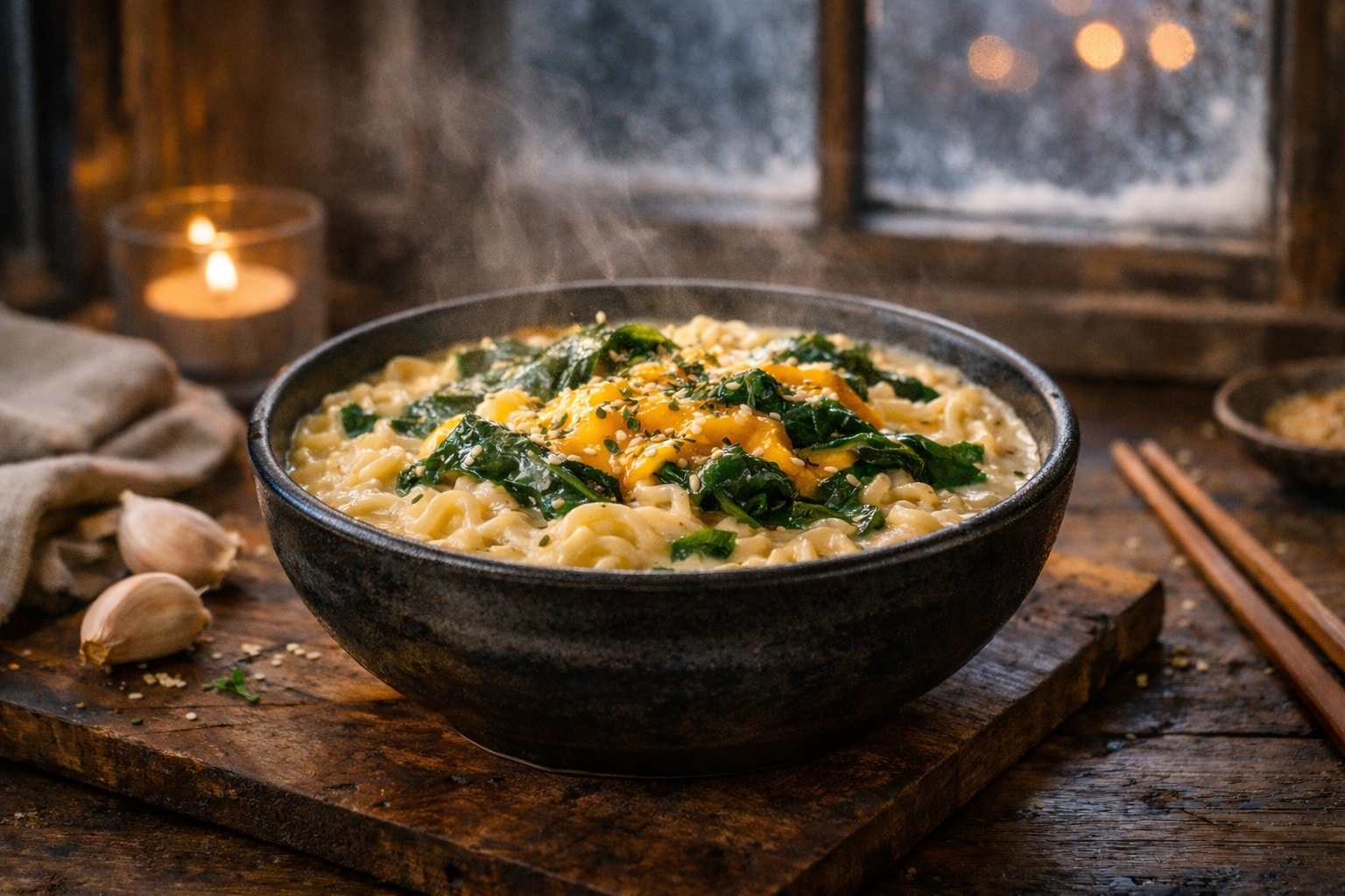 Un bol de ramen crémeux au cheddar et aux épinards, parfait pour les soirs d’hiver.