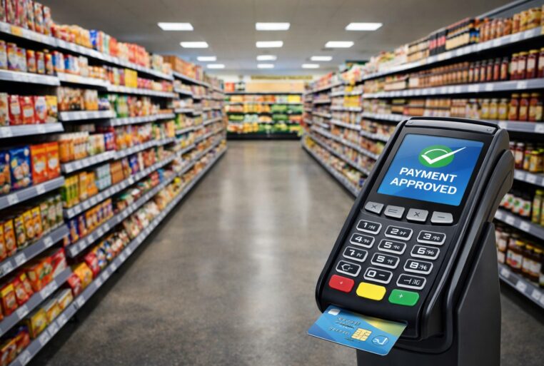 Rayons d’un supermarché avec un terminal de paiement par carte au premier plan, illustrant le passage en caisse.