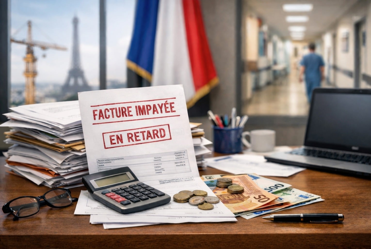 Retards de paiement publics : facture “impayée” sur un bureau, avec euros et calculatrice, drapeau français en arrière-plan.