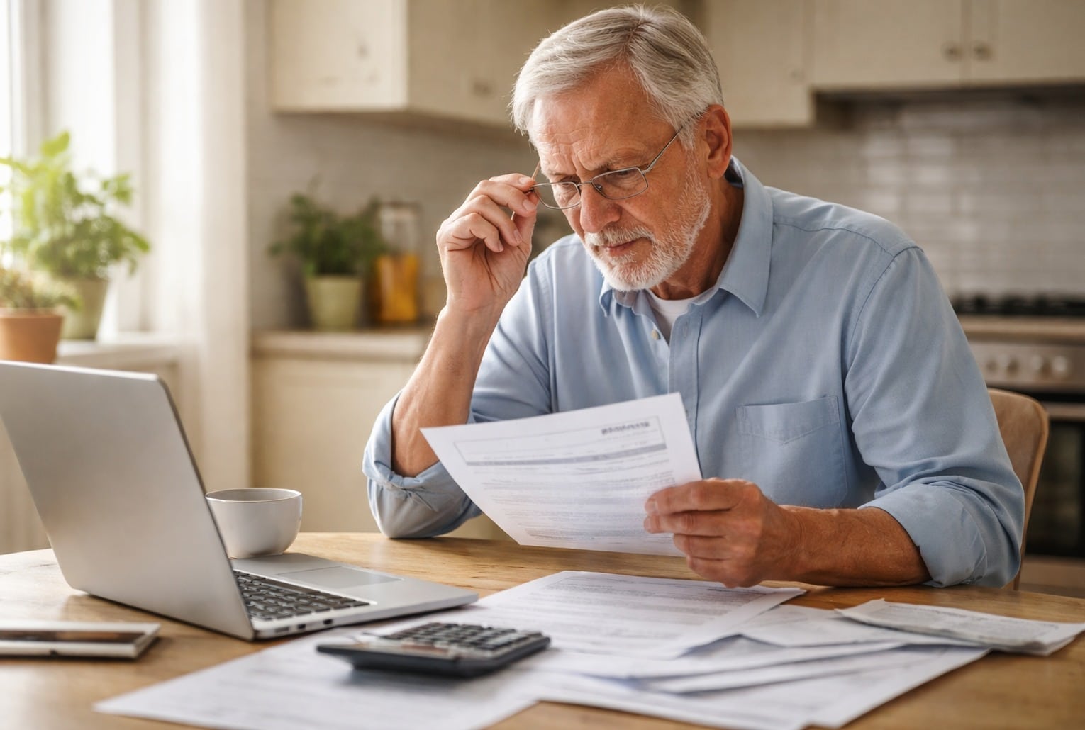 Senior vérifiant sa pension sur des documents, illustration d’une demande de retraite oubliée.