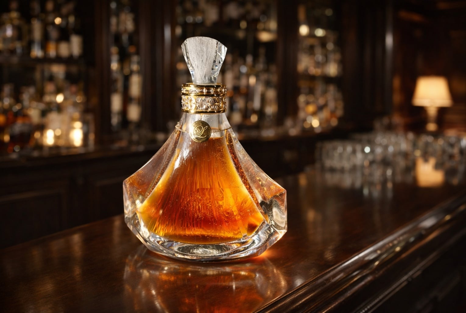 Image d’illustration d’un flacon de rhum d’exception en verre, rempli d’un rhum ambré, posé sur un comptoir de bar avec éclairage tamisé.