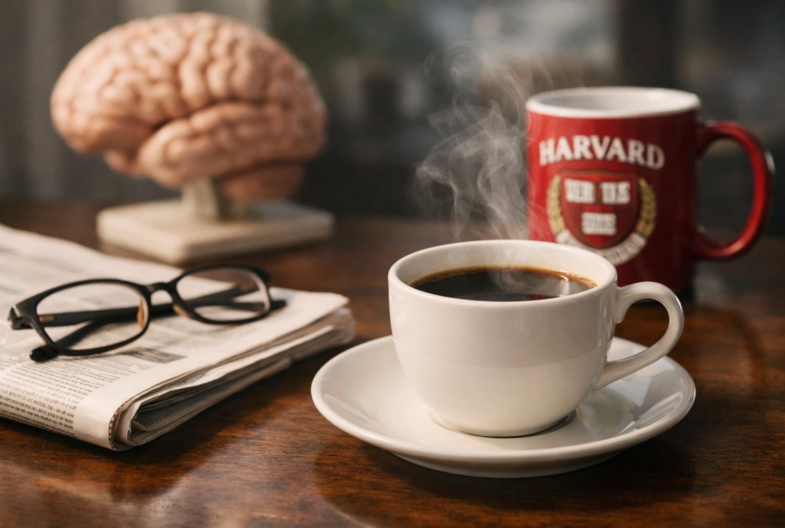 Rituel du matin : une tasse de café fumante sur une table, avec un modèle de cerveau en arrière-plan.