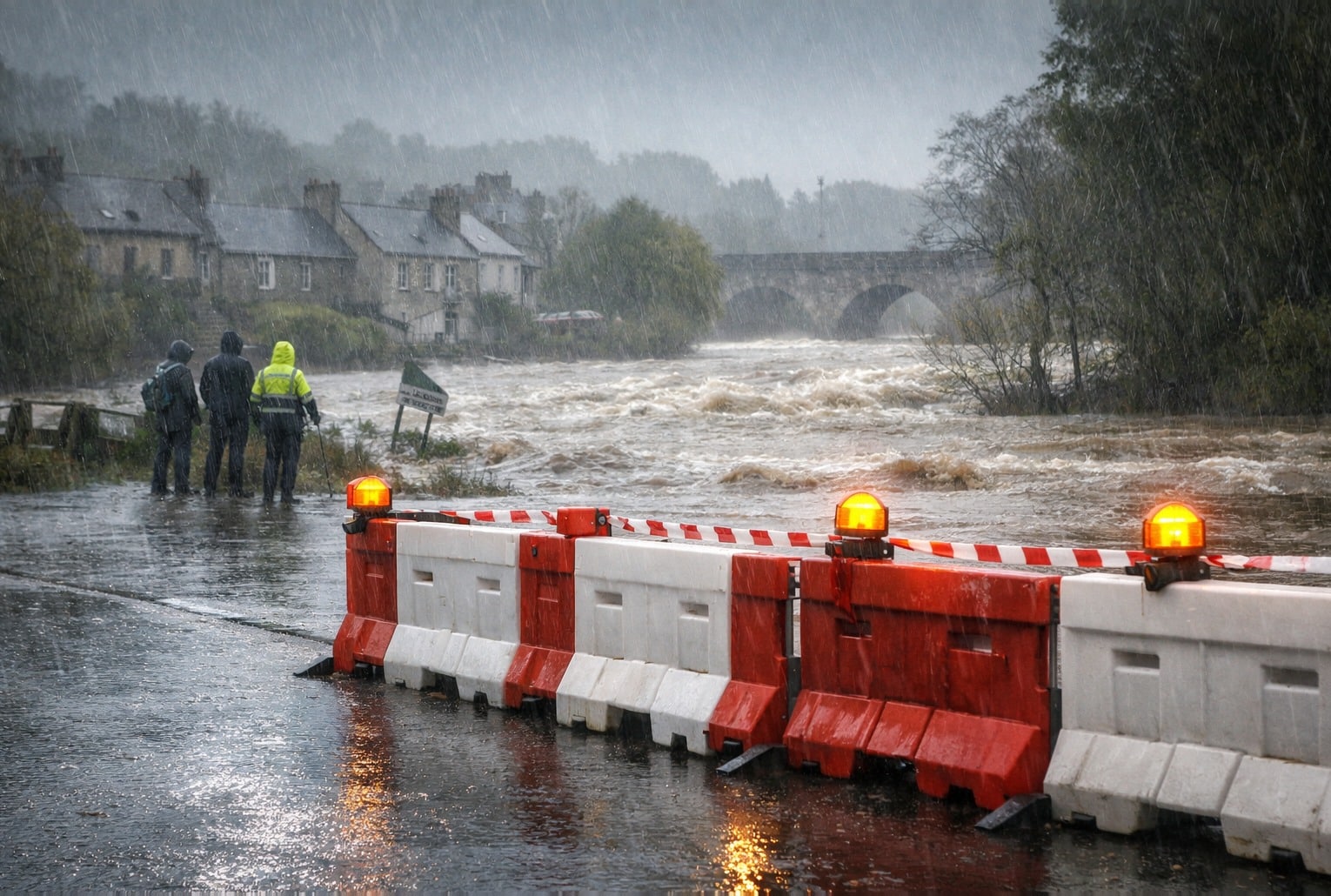 Rivière atmosphérique : crue soudaine et fortes pluies, barrières de sécurité devant une rivière en débordement dans l’Ouest de la France.