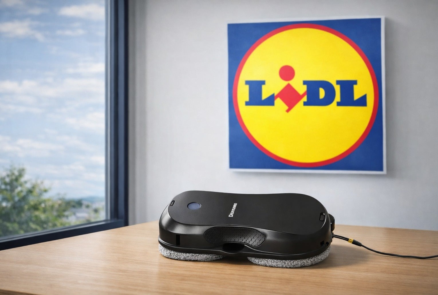 Robot lave-vitres posé sur une table, avec le logo Lidl en arrière-plan.