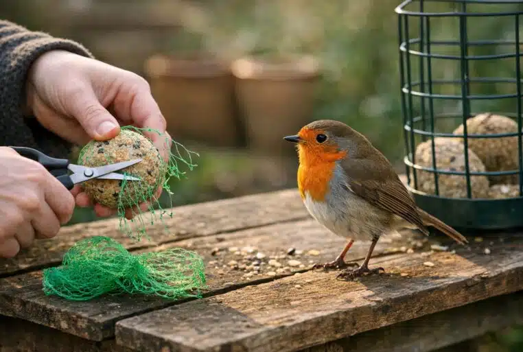 Rouge-gorge au jardin : une main retire le filet plastique d’une boule de graisse près d’un oiseau