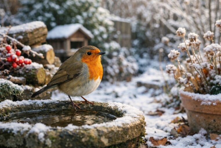 Rouge-gorge dans un jardin enneigé, posé sur un abreuvoir en pierre.