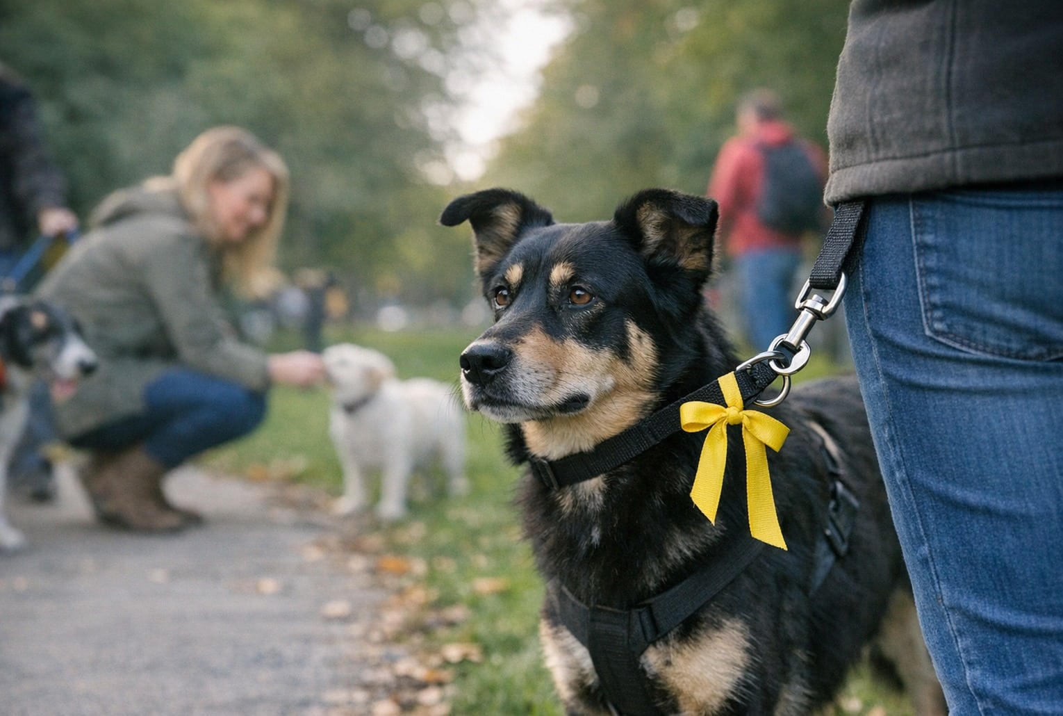 Ruban jaune sur la laisse d’un chien en promenade, signal demandant de garder ses distances.