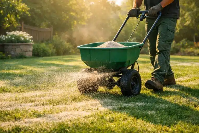 Un jardinier épand du sable sur une pelouse au soleil du matin, avec un épandeur.