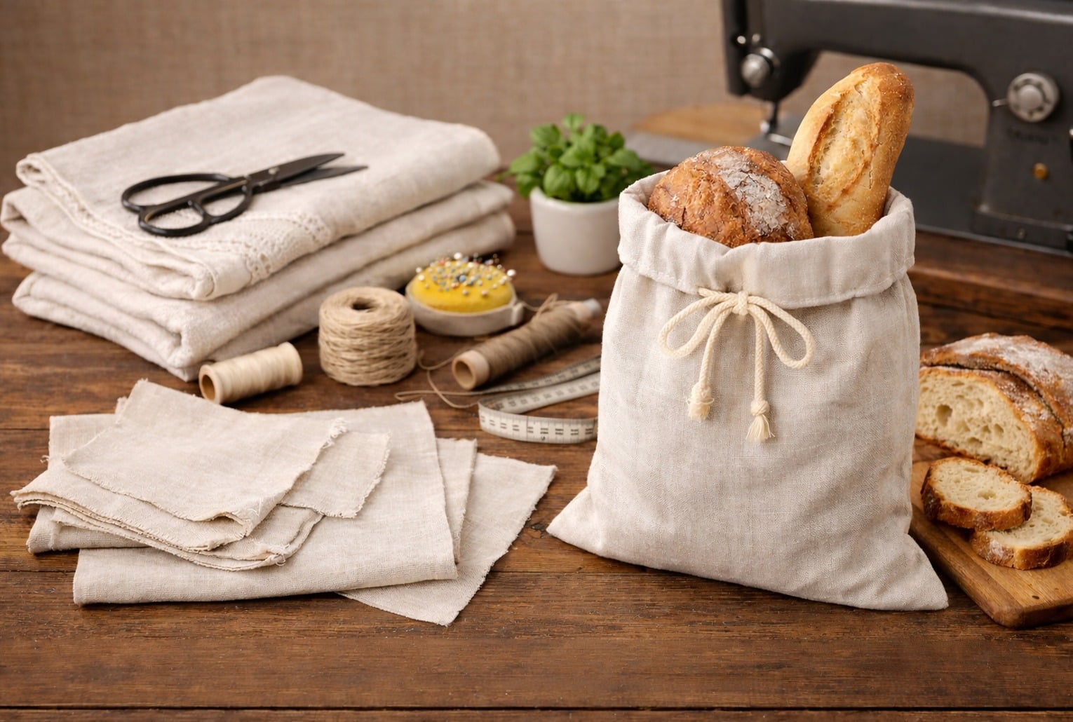 Sac à pain en lin cousu à partir d’un vieux drap, posé sur une table en bois avec ciseaux, fil, épingles et chutes de tissu.