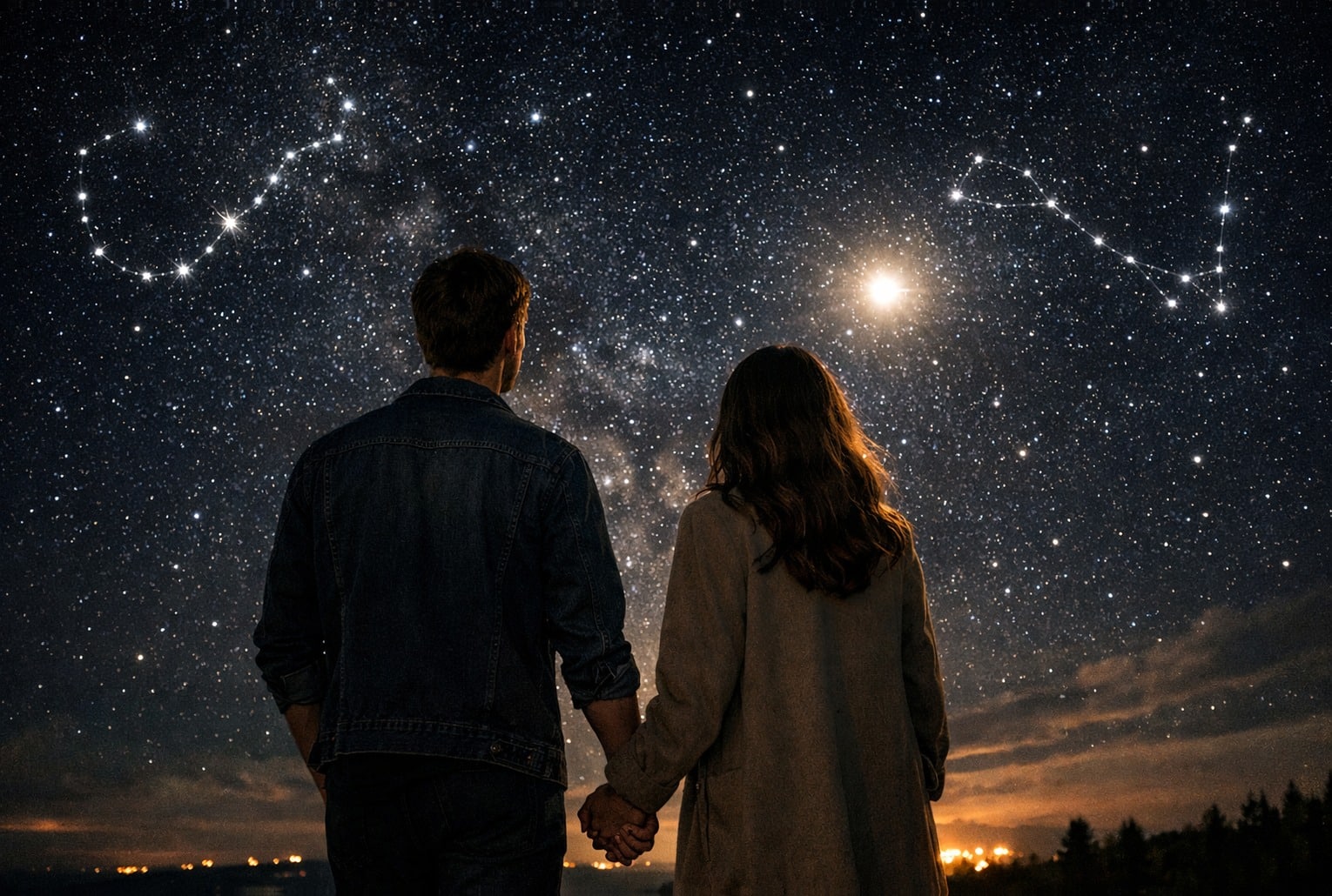 Couple main dans la main sous un ciel étoilé, avec les constellations du Scorpion et des Poissons, ambiance romantique Saint-Valentin 2026.