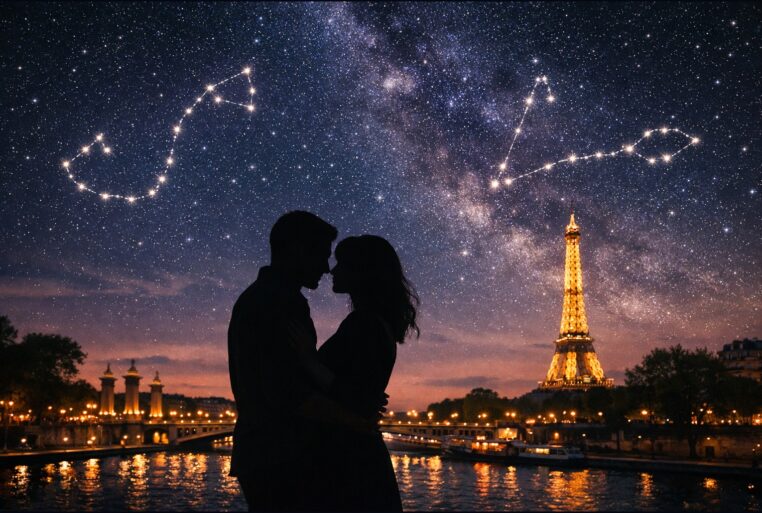 Saint-Valentin 2026 : couple à Paris face à la Tour Eiffel, constellations du Scorpion et des Poissons dans le ciel étoilé.