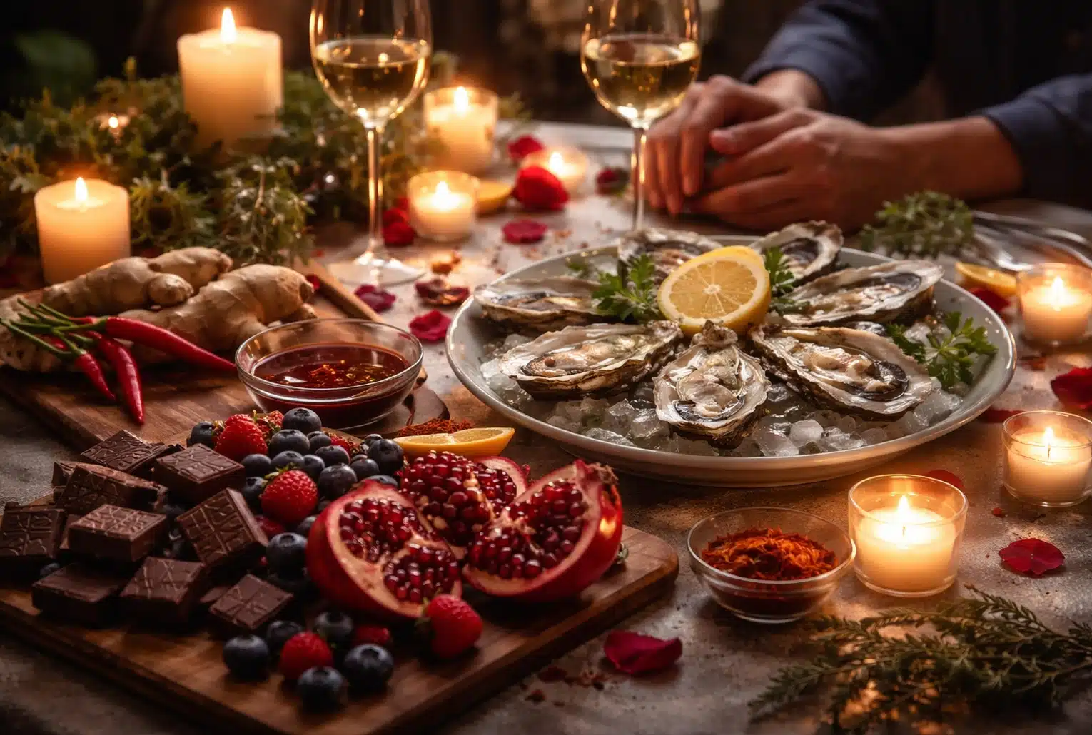 Dîner de Saint-Valentin avec aliments aphrodisiaques : huîtres, gingembre, piment, chocolat noir, grenade et fruits rouges à la lueur des bougies.