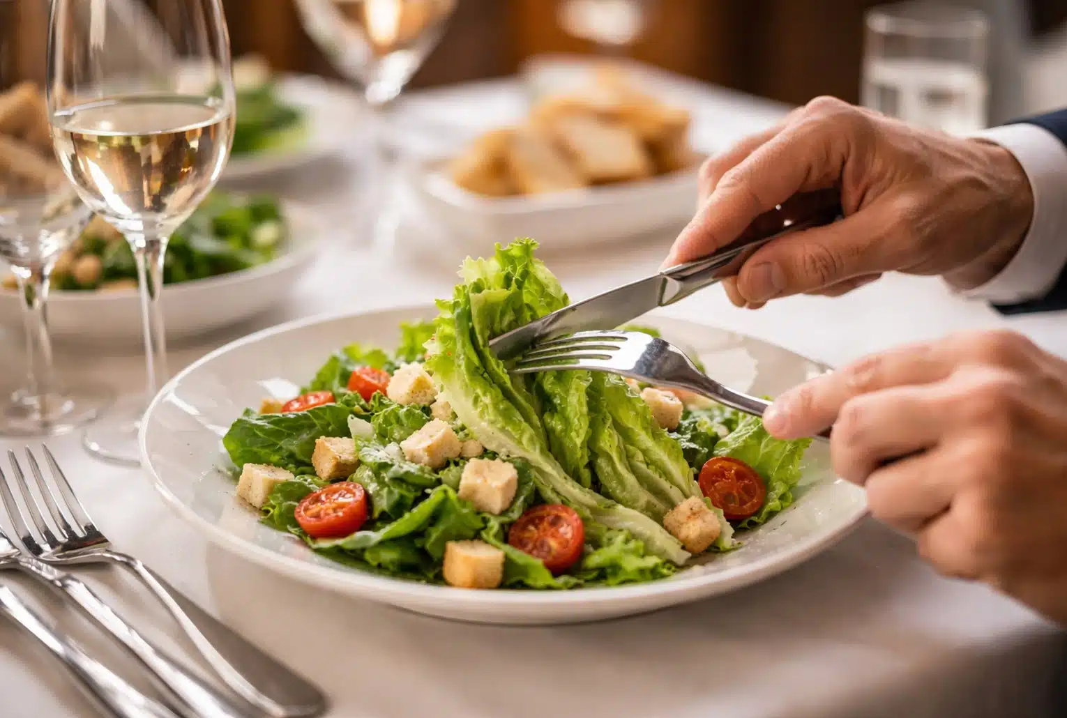 Couper sa salade à table : des mains replient une feuille de laitue avec fourchette et couteau dans une assiette de salade.