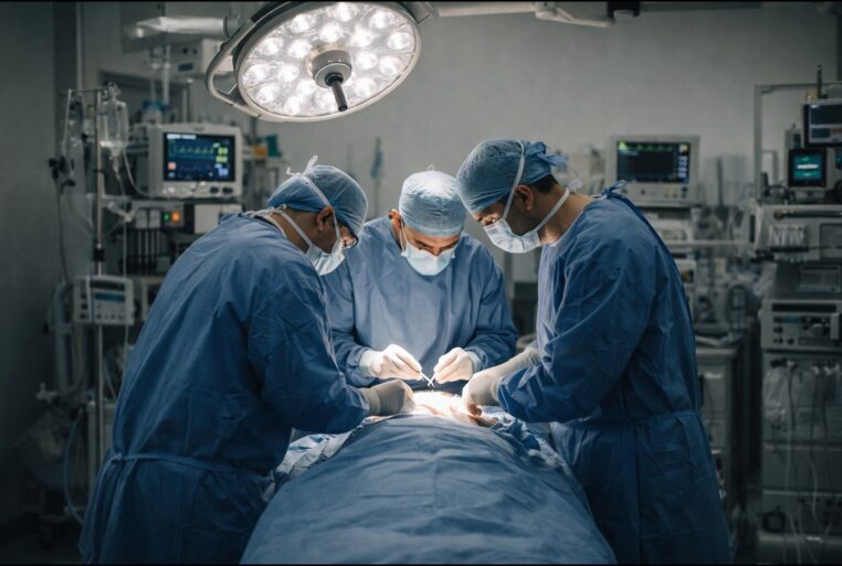 Salle d’opération sobre avec une intervention chirurgicale en cours.