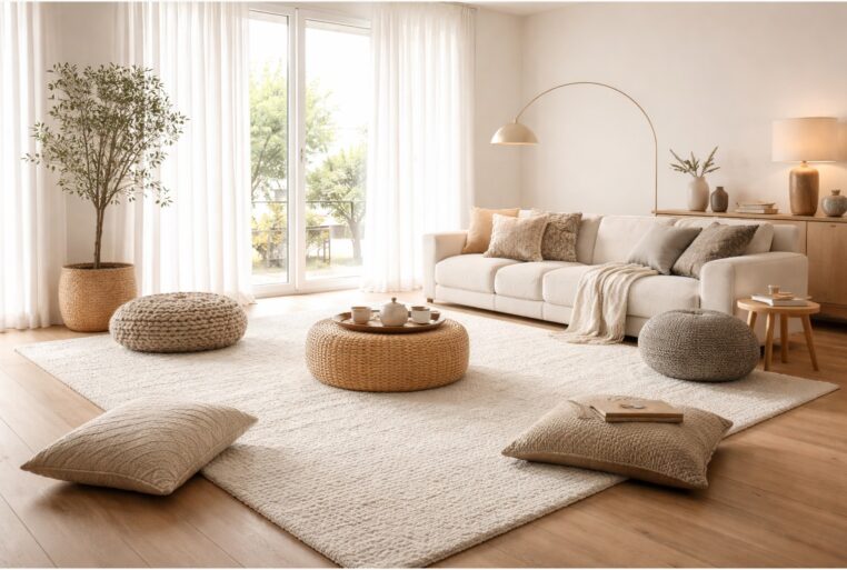 Salon sans table basse en 2026, centre dégagé, tapis XXL et assises nomades dans une pièce lumineuse