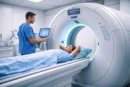 Patiente allongée dans un scanner médical, pendant qu’un manipulateur règle l’examen dans une salle d’imagerie moderne.