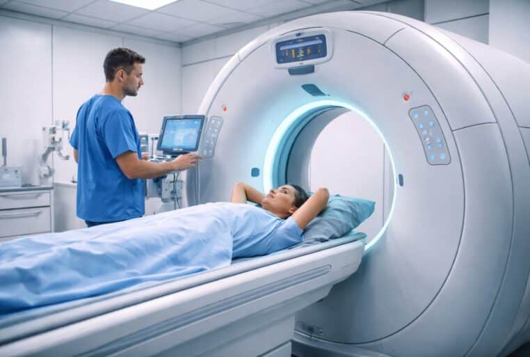 Patiente allongée dans un scanner médical, pendant qu’un manipulateur règle l’examen dans une salle d’imagerie moderne.