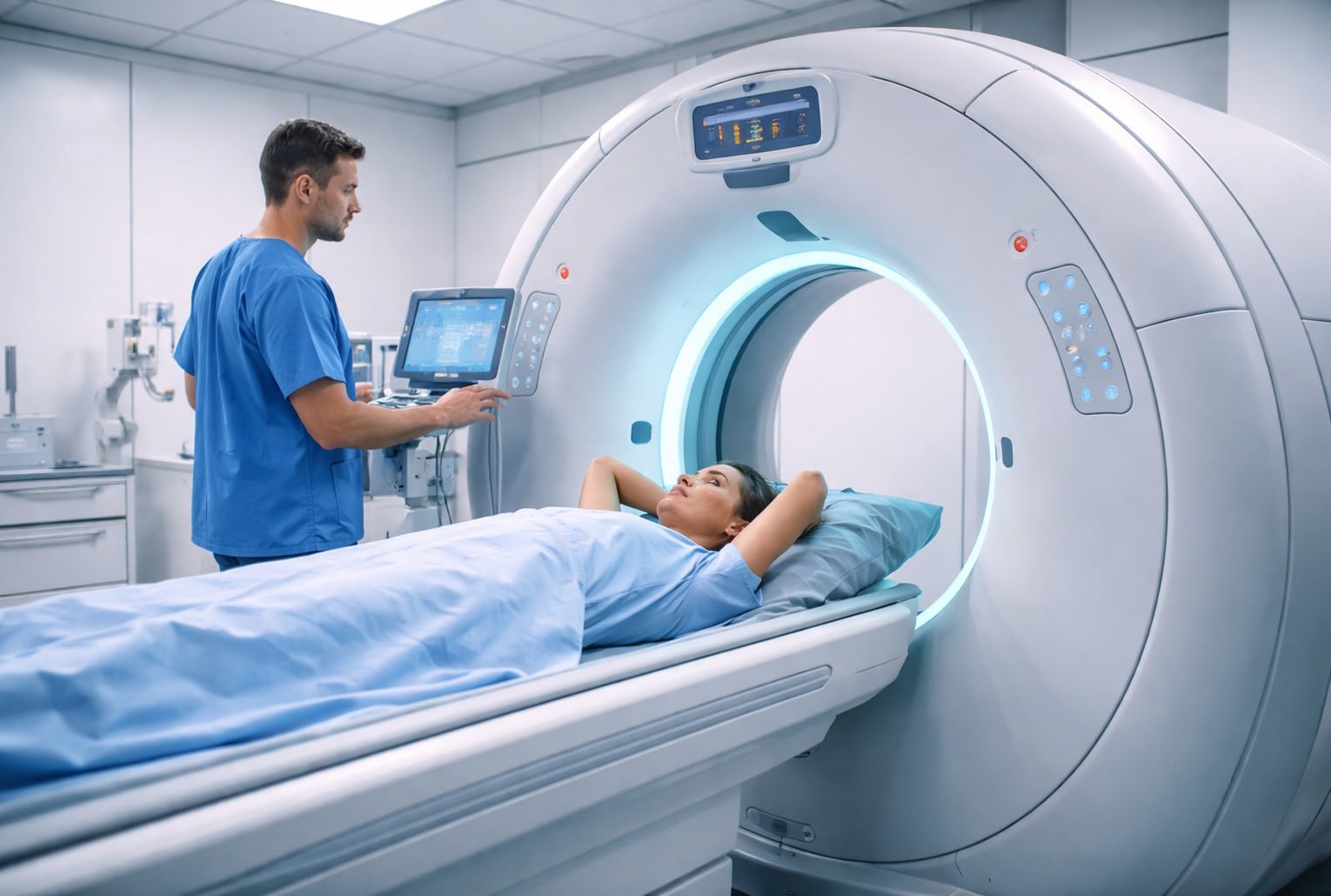 Patiente allongée dans un scanner médical, pendant qu’un manipulateur règle l’examen dans une salle d’imagerie moderne.