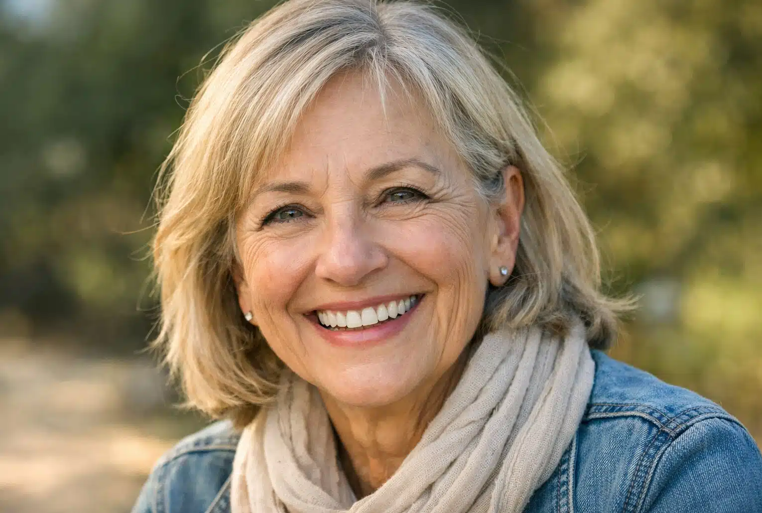 Séduction après 60 ans : portrait d’une femme senior au sourire authentique (rides du sourire visibles autour des yeux).