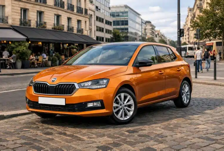 Skoda Fabia 1.0 MPI garée en ville, vue trois-quarts avant