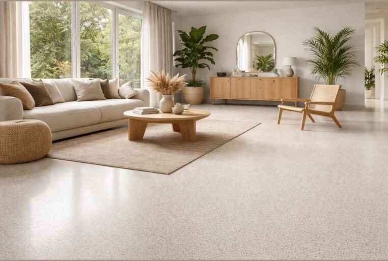 Salon lumineux avec sol en micro-terrazzo clair, surface continue sans joints, esprit slow déco.