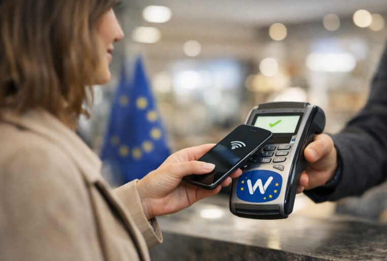 Solution européenne de paiement : une cliente paie sans contact avec son smartphone sur un terminal, avec un drapeau de l’UE en arrière-plan.