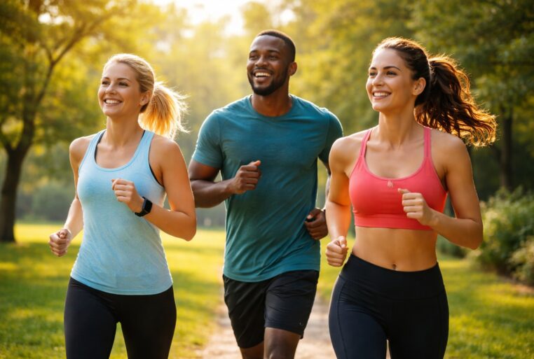 Trois amis courent ensemble dans un parc en fin de journée, illustration du sport contre la dépression et l’anxiété.