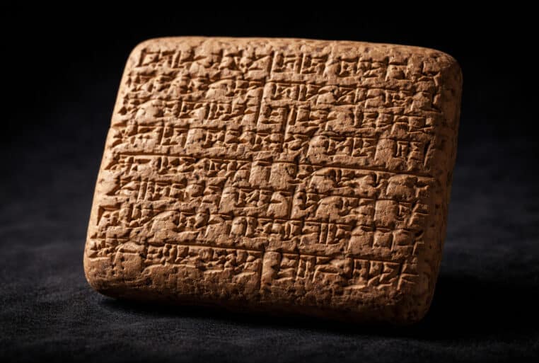 Tablette cunéiforme en argile photographiée en gros plan sur fond noir.